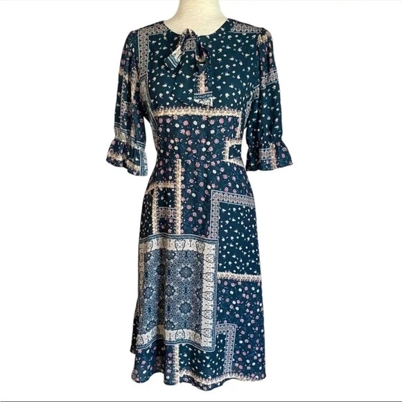CHELSEA28 Green Blue Floral Patchwork Midi Dress Size Small - Picture 1 of 11